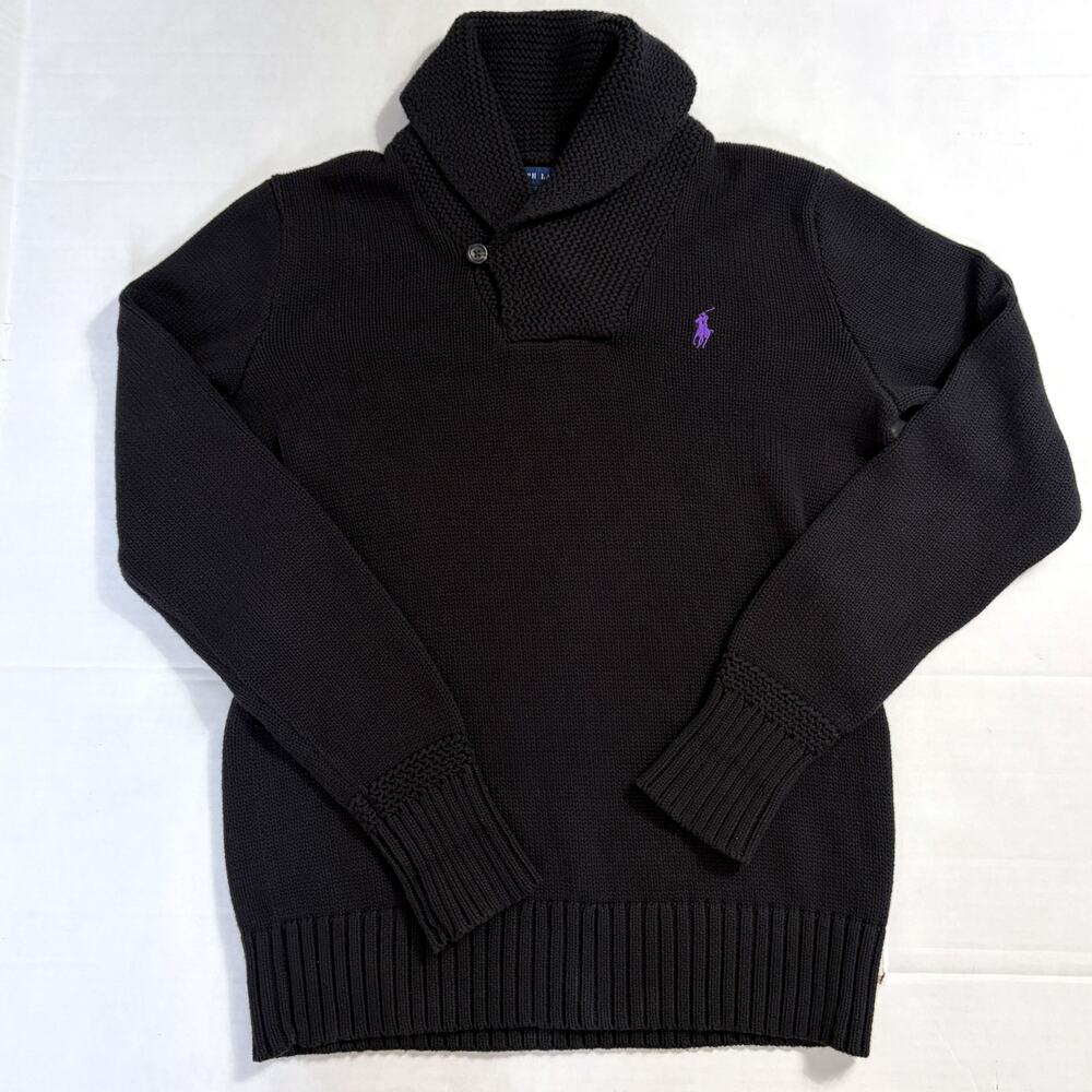 Ralph Lauren Shawl Collar Sweater Black Purple Pony Cotton Women's M